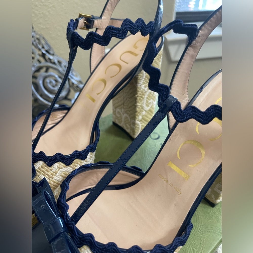 Gucci Natural/Royal Kertu Rafia  GG Platform Heels 41.5 - Picture 10 of 12